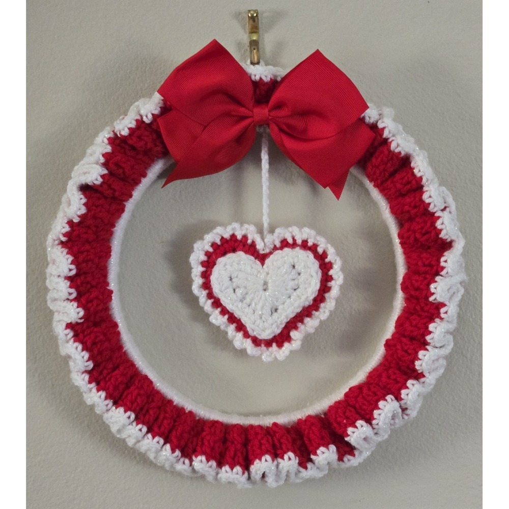 Handmade Crochet Heart Ruffle Wreath Red White Valentine Love Wall Decor 10.5"